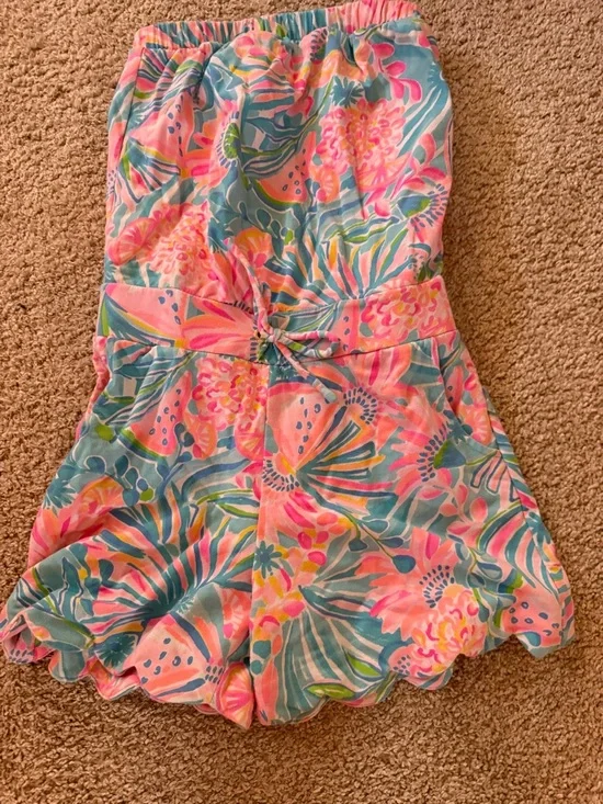 Lilly Pulitzer Strapless Tropical Print Romper in Teal, Pink & Green - Picture 2 of 3